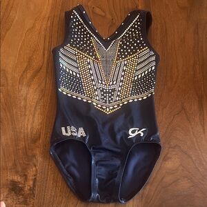 GK Olympic Replica Blue Leotard with Gold Accents